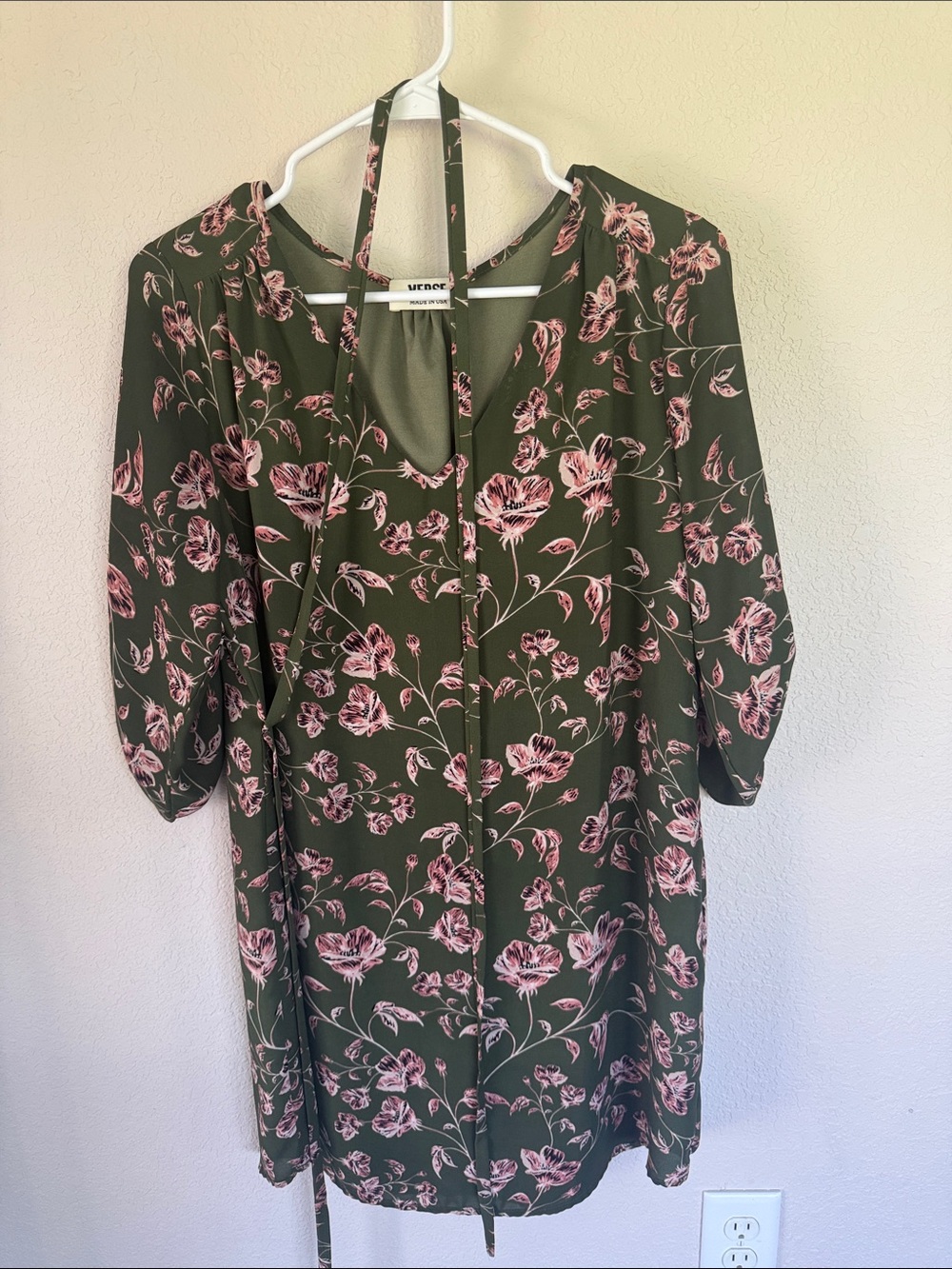 Tie-Neck Olive Midi Dress with Pink Floral Print